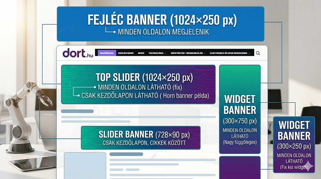 Hirdetési zónák és méretek a dort.hu felületén.